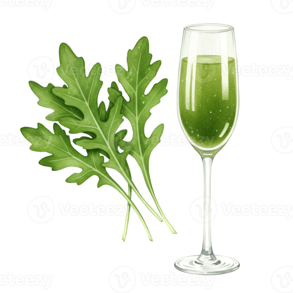 A glass of green liquid next to a small bunch of arugula leaves on a plain setting space here on transparent background png