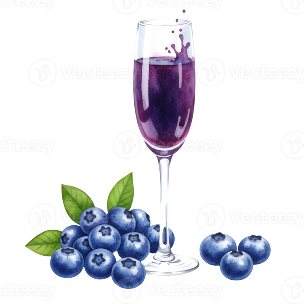 A vibrant watercolor of a glass of juice with blueberries and a splash on a simple plain setting on transparent background png