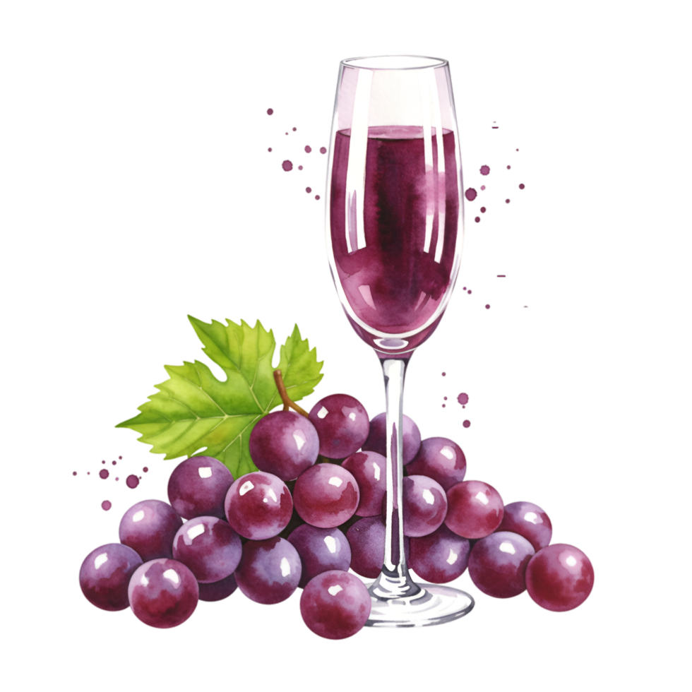 A glass of red liquid with grapes and a leaf beside it on a plain color transparent space view art on transparent background png