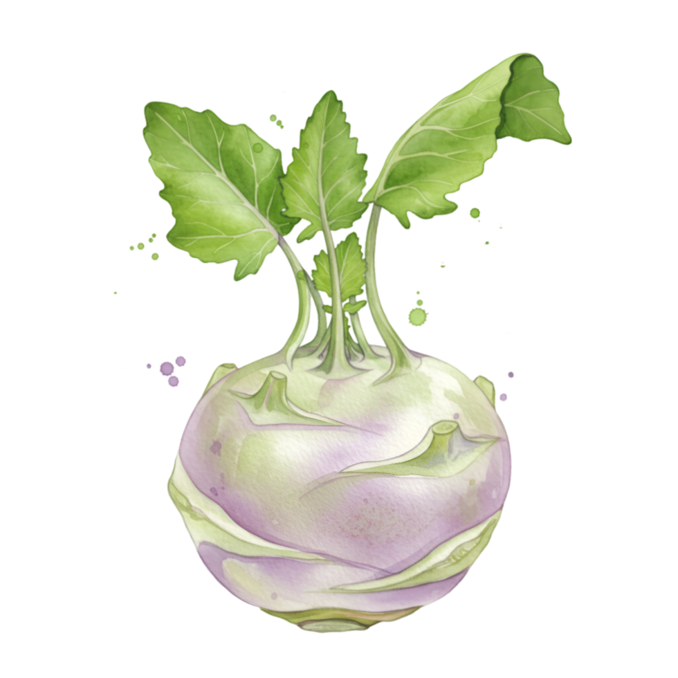 A watercolor painting of a kohlrabi with green leaves on a plain setting for culinary applications on transparent background png