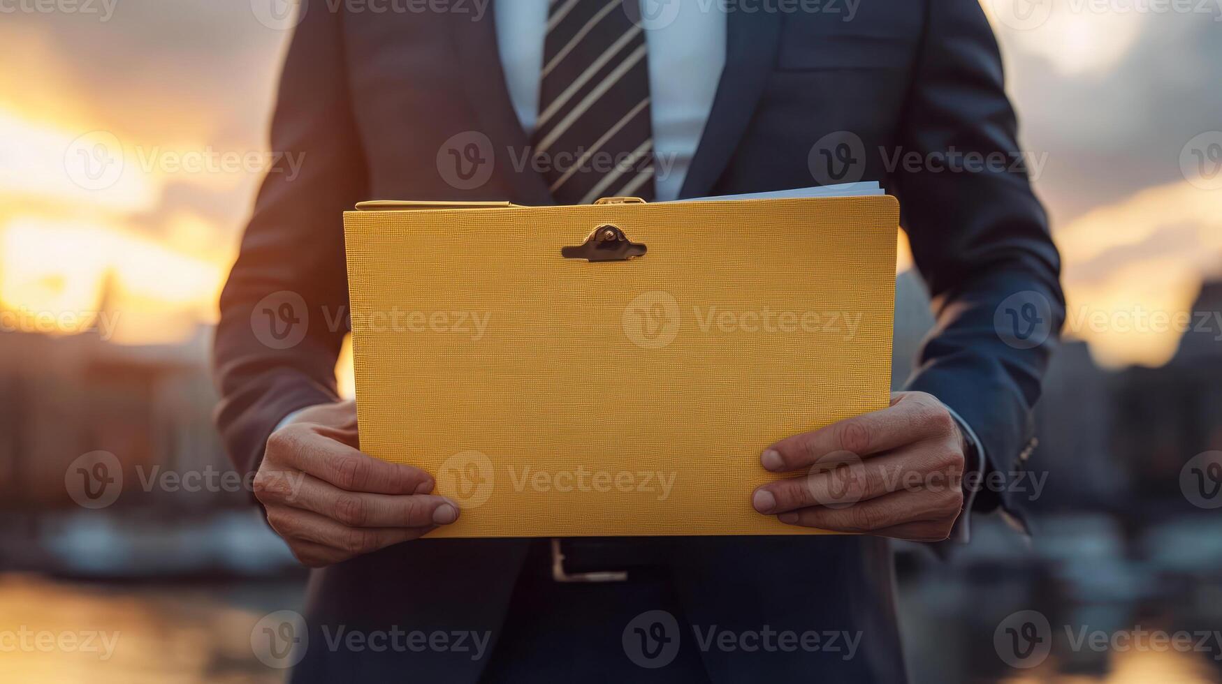 Business executive holding golden portfolio folder outdoors during sunset with blurred city skyline background, conveying professionalism and focus photo