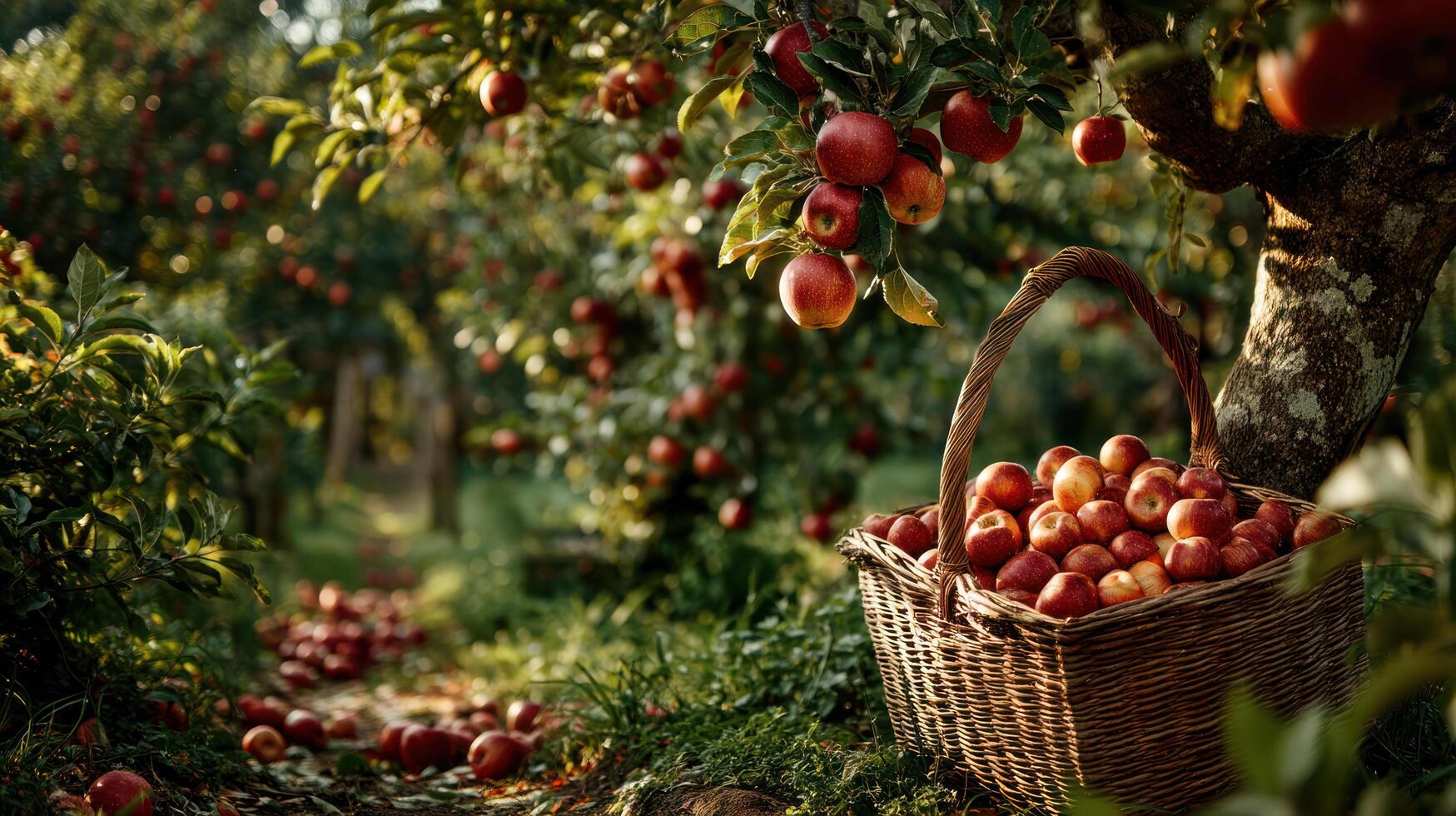 Ripe red apple hanging on tree with basket full of fresh fruit in orchard creating peaceful cottagecore vibe in natural sunlight photo