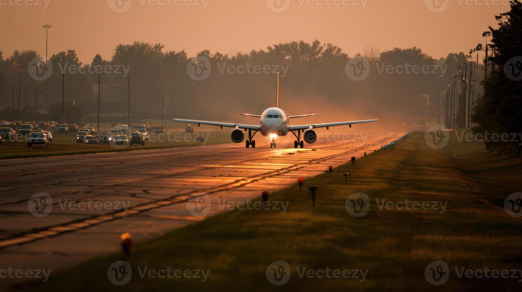 Airplane taxiing on sunlit runway surrounded by shimmering summer heat haze and trees in background photo