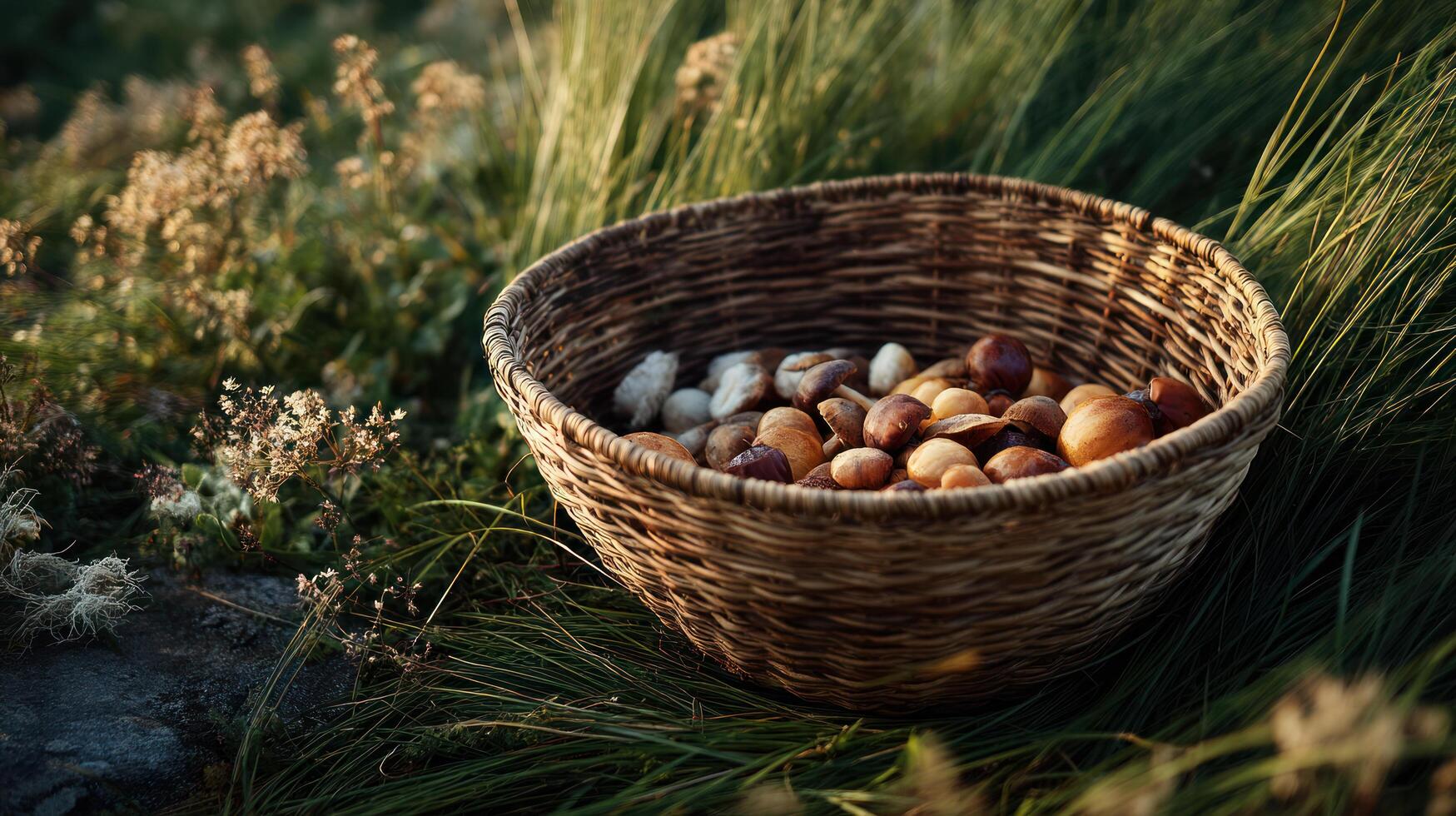 Rustic basket filled with assorted nuts sits peacefully on green grass surrounded by wildflowers creating cozy cottagecore vibe photo