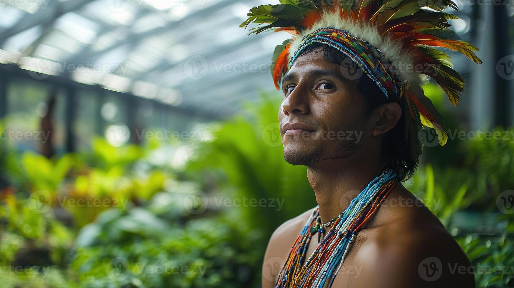 Tribal man wearing traditional feathered headdress and colorful bead necklace stands in lush green environment, expressing calm confidence photo
