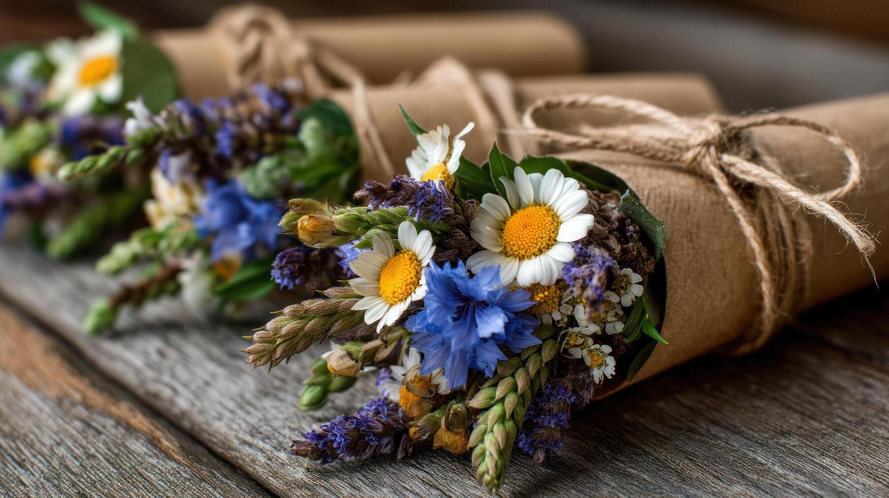 Charming cottagecore bouquet with daisies and blue flowers wrapped in rustic brown paper tied with twine on wooden surface evoking calm and nature photo