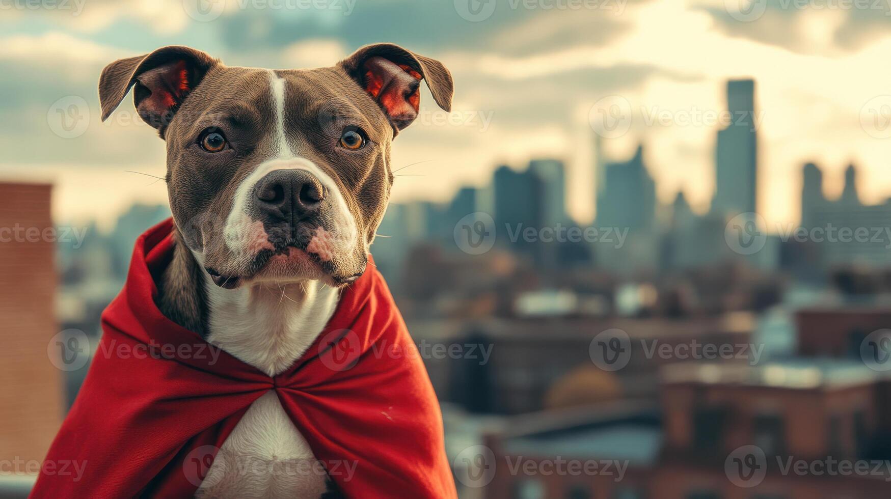 Dog with red cape looking serious in urban setting with city skyline and cloudy sky in background photo