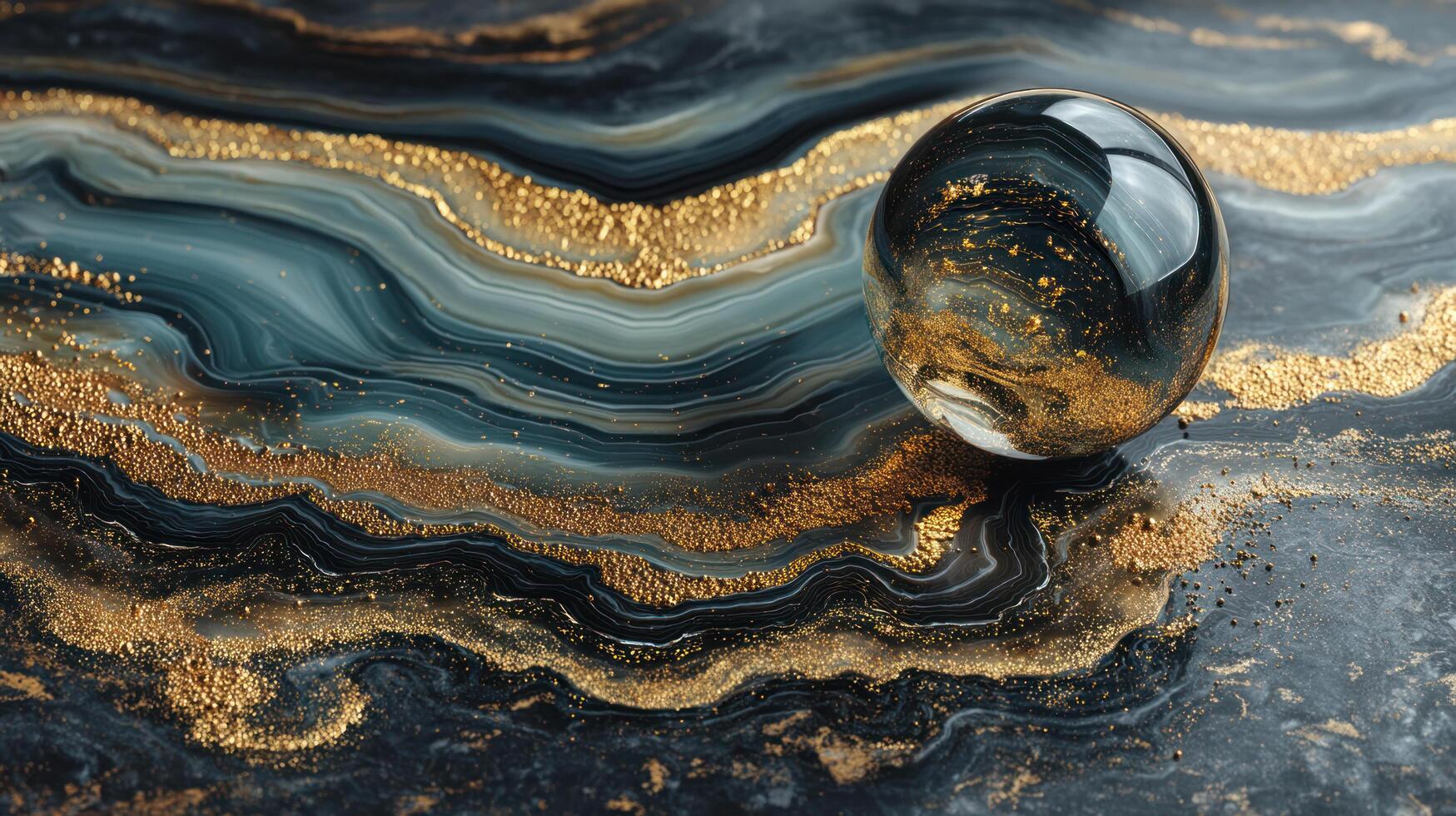 Marble sphere rests on swirling marble surface with gold accents creating luxurious and elegant abstract pattern full of depth and shine photo