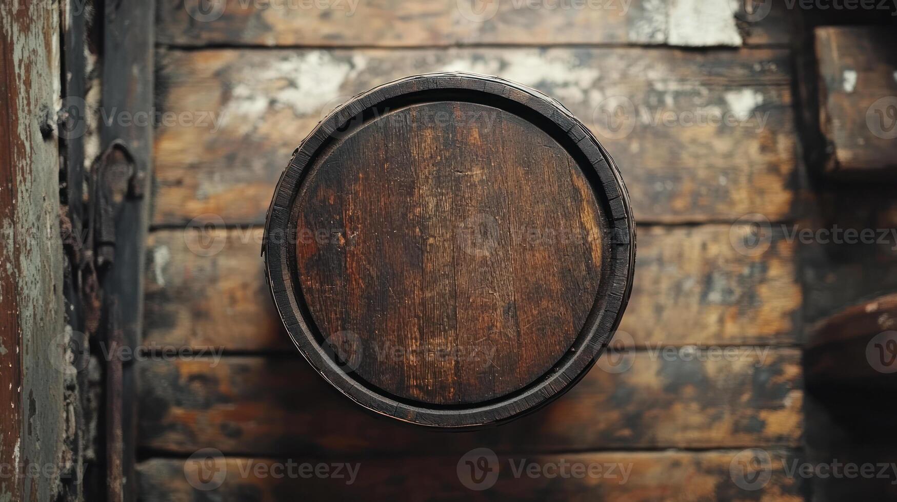 Wooden barrel top view with rustic texture in dimly lit room creating warm world whisky day atmosphere for aged spirit storage photo