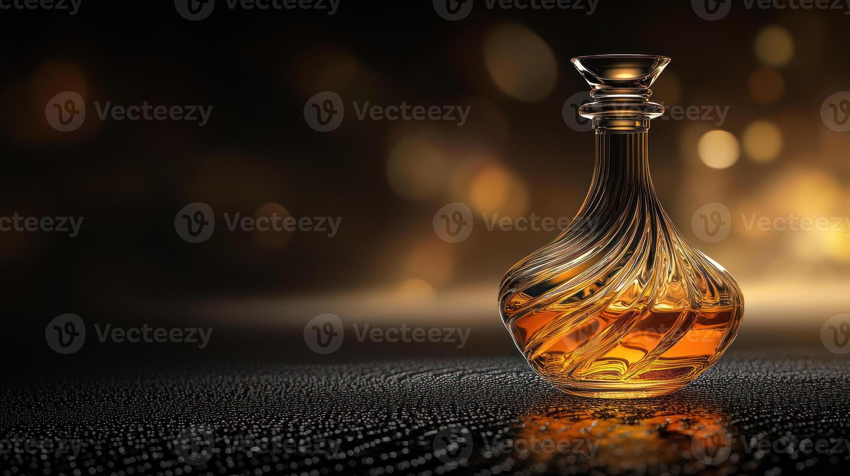 Whisky bottle with amber liquid on dark textured surface glowing warmly in world celebrating whisky day with elegant and cozy atmosphere photo