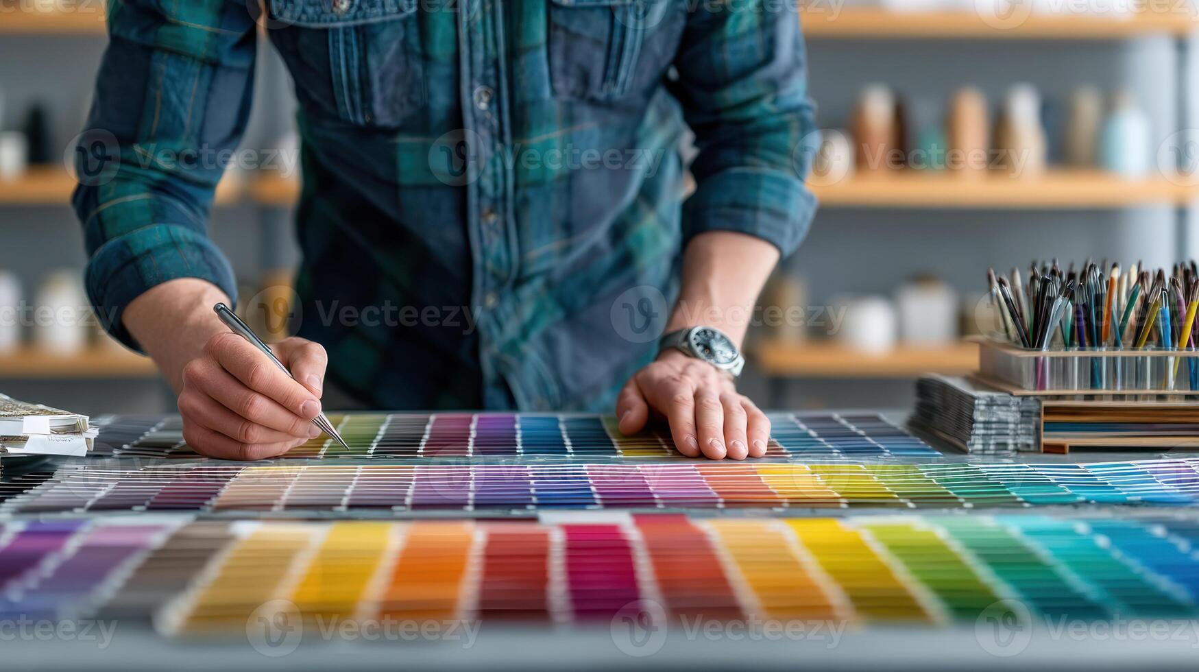Creative designer reviewing color palette samples at bright desk with paintbrushes and color swatches for artistic work photo