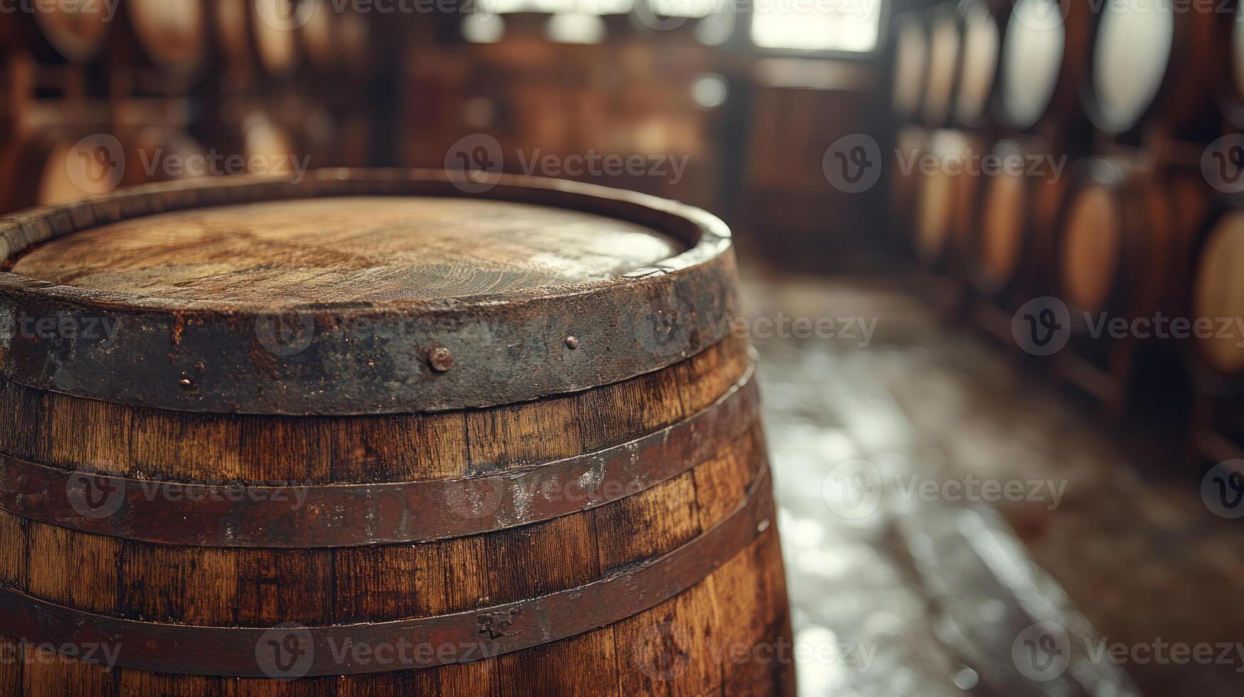 Whisky barrel in dimly lit cellar with wooden barrels stacked in background creating warm world atmosphere for special day photo