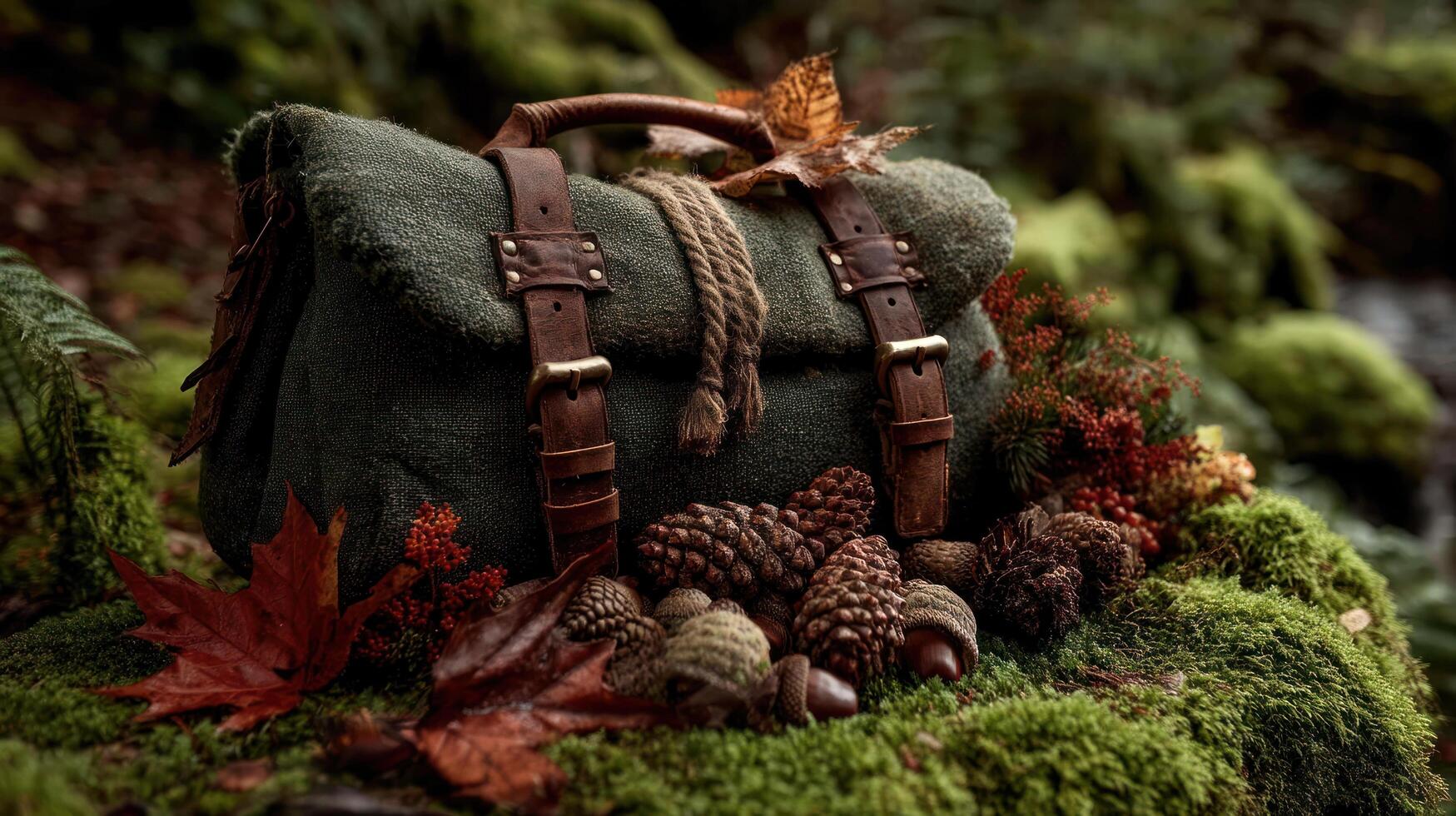 Rustic green canvas bag with leather straps sits on moss surrounded by pine cones and leaves creating cozy cottagecore vibe in nature photo