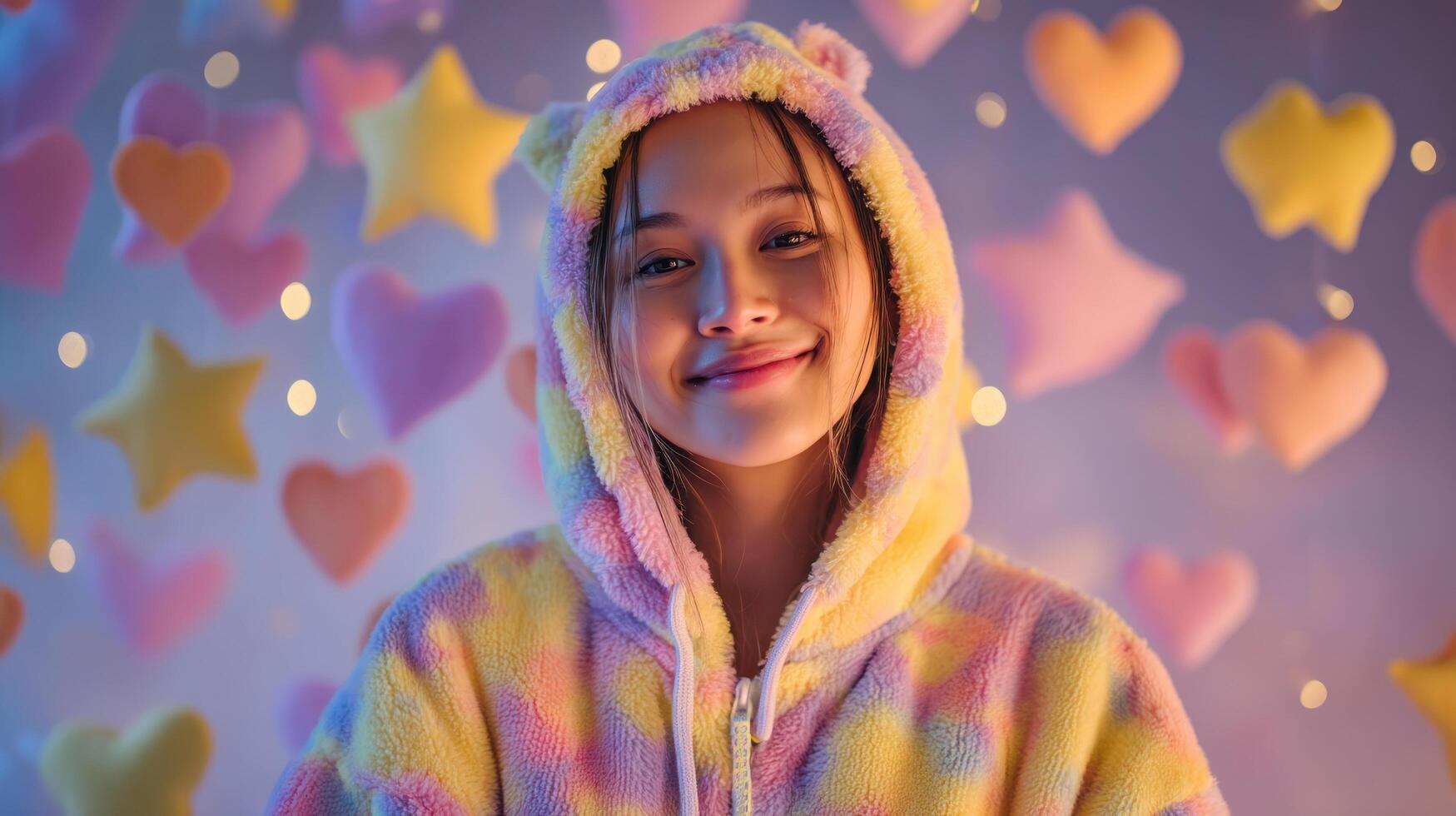 Kawaii young woman wearing colorful fuzzy hoodie with ears smiles warmly surrounded by glowing heart and star shapes creating cute joyful mood photo