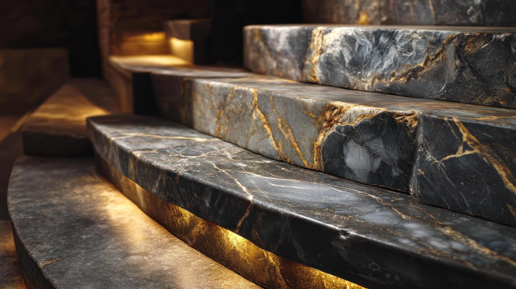 Marble stairs with dark gray and gold veins are illuminated by warm lights creating luxurious and elegant atmosphere this close up architectural photo