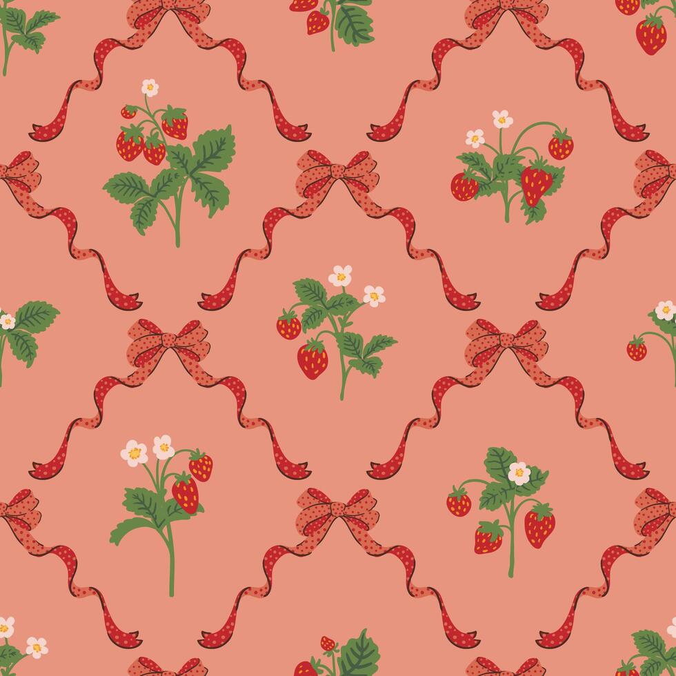 Red wild strawberry, coquette ribbon bow trellis checkered seamless pattern Damask Rhombus Background vector