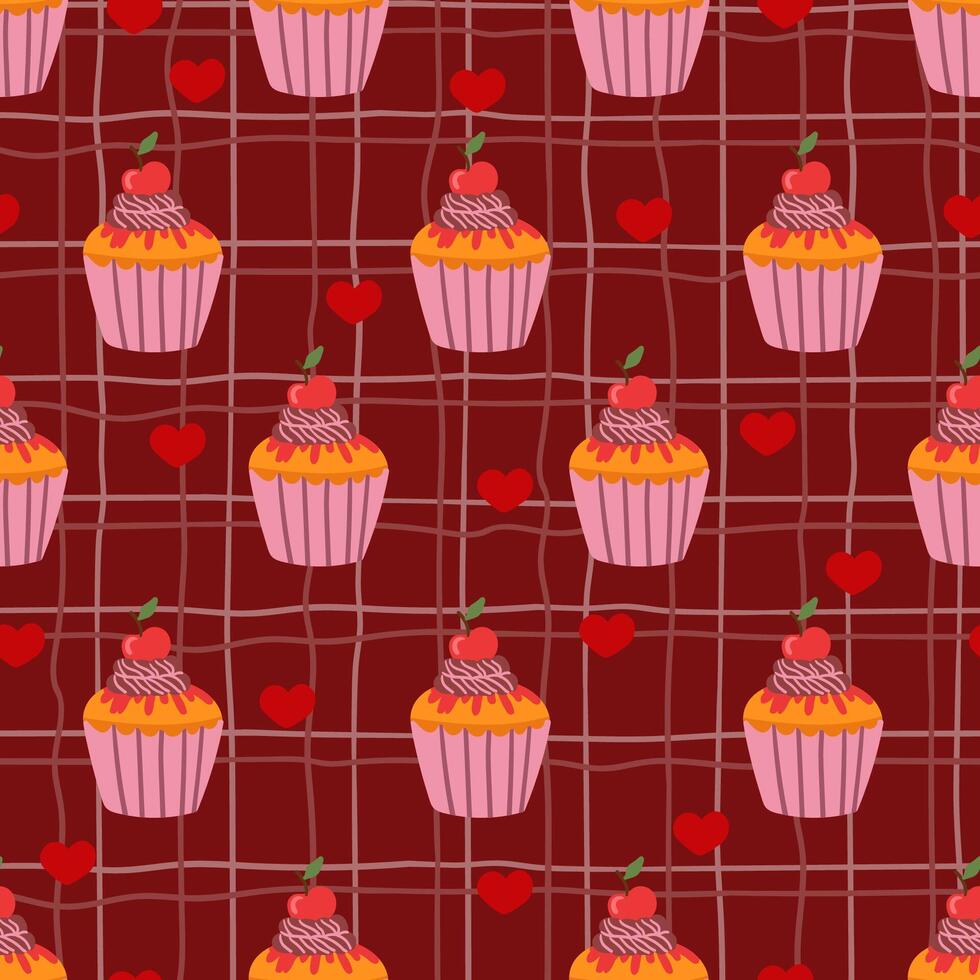 cakes with Red hearts on grid cell checkered seamless pattern, pastry Valentines day texture vector