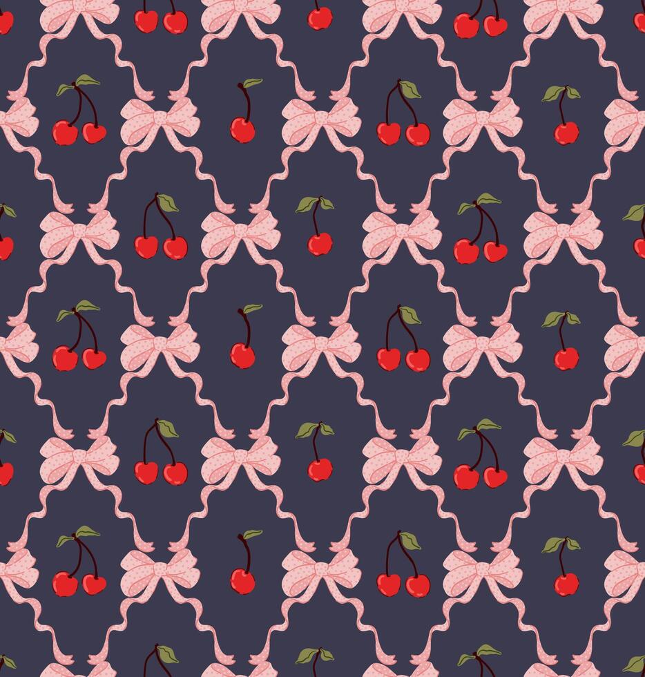 Coquette core, preppy bows and cherries seamless pattern, wrapping, fabric, textile, home decor gifts vector