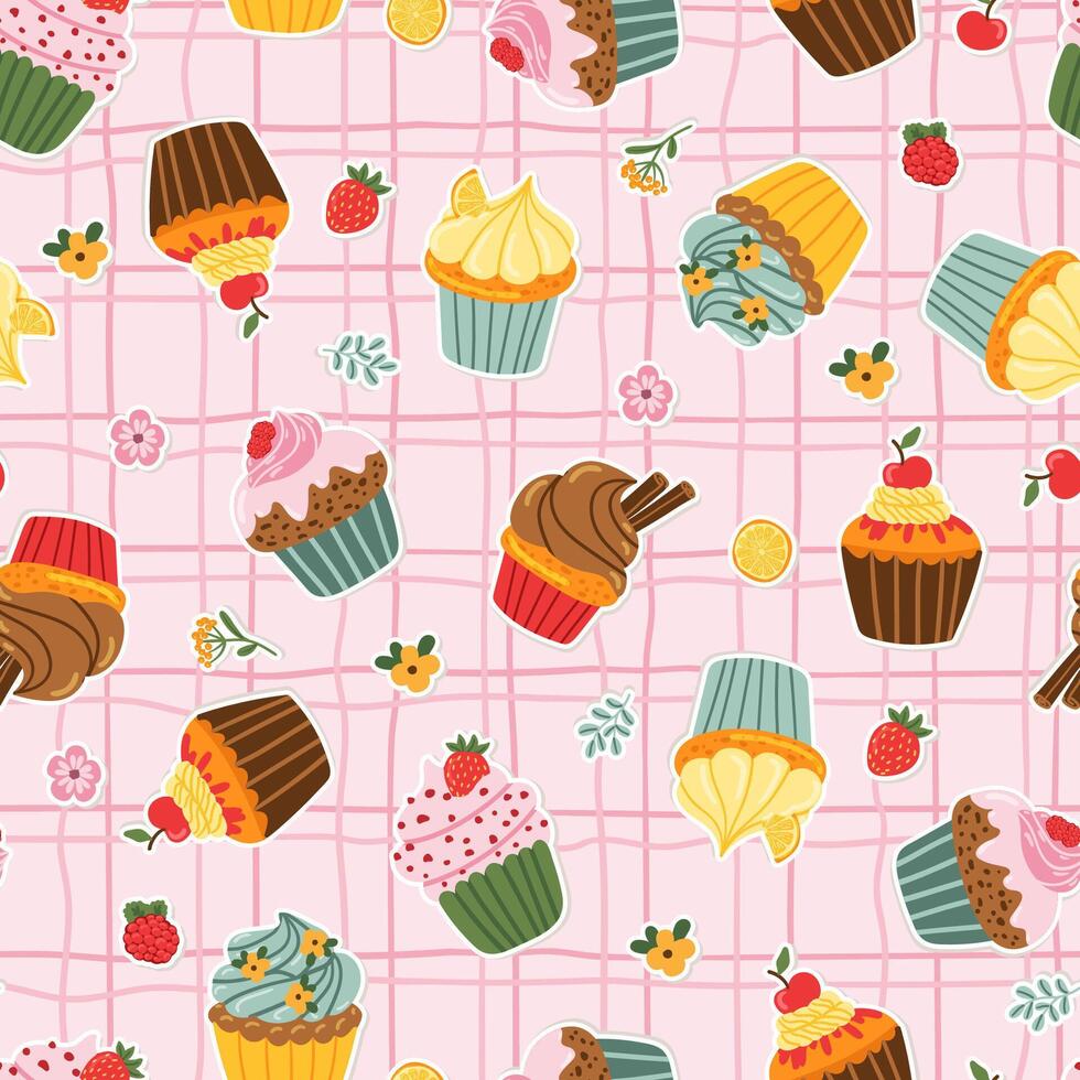 cakes berries, flower, cinnamon on grid cell checkered seamless pattern, pastry dessert texture vector