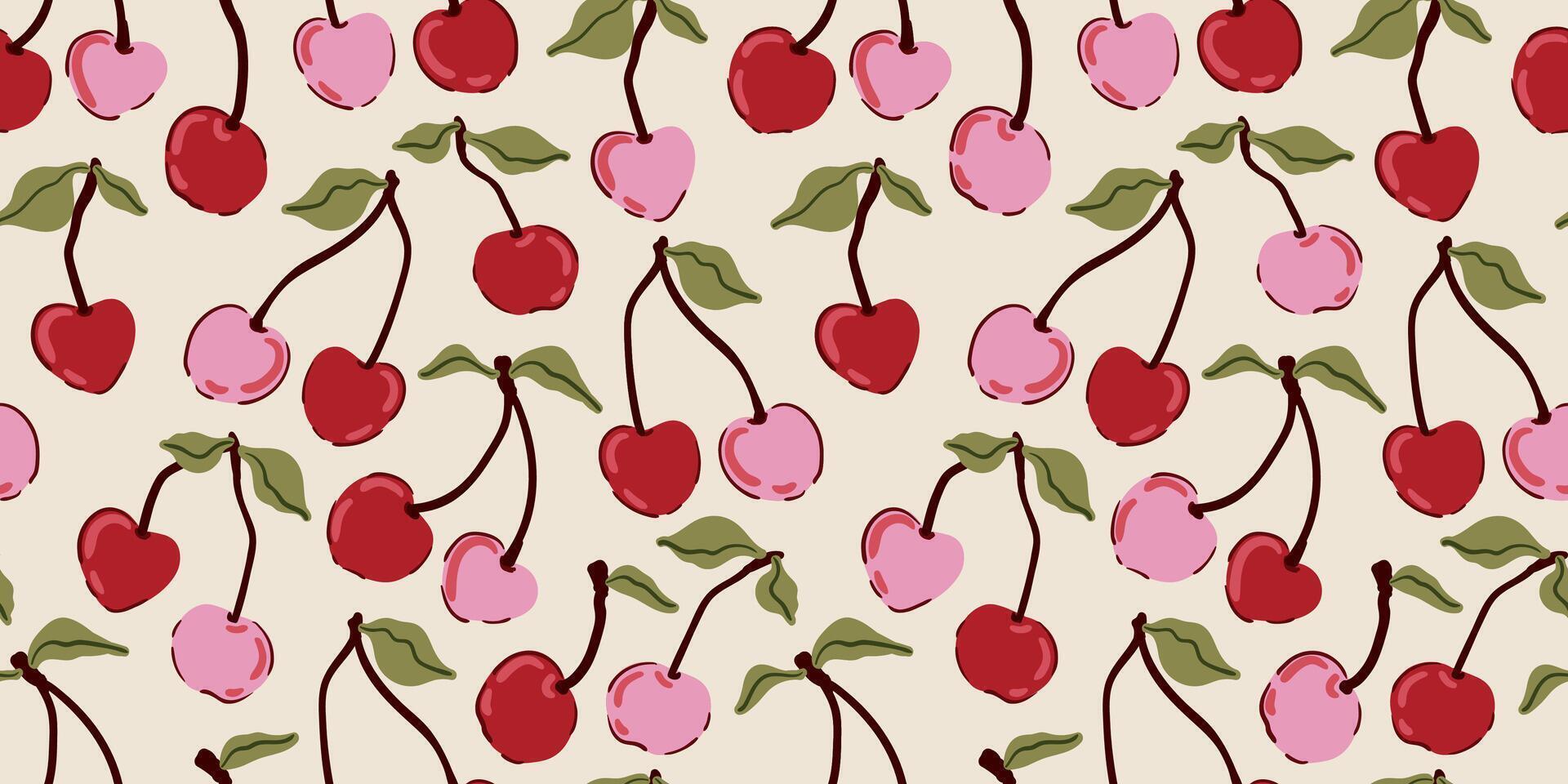 Ripe cherry seamless, fruit pattern, red berries, green leaves, flowers texture, coquette core vector
