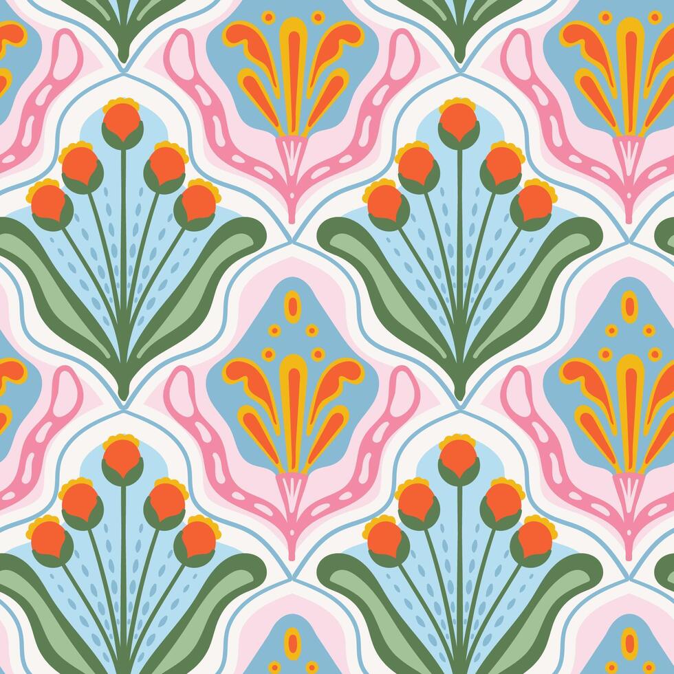 Retro Seventies, abstract floral organic seamless pattern. Flower shape groovy style indie texture vector