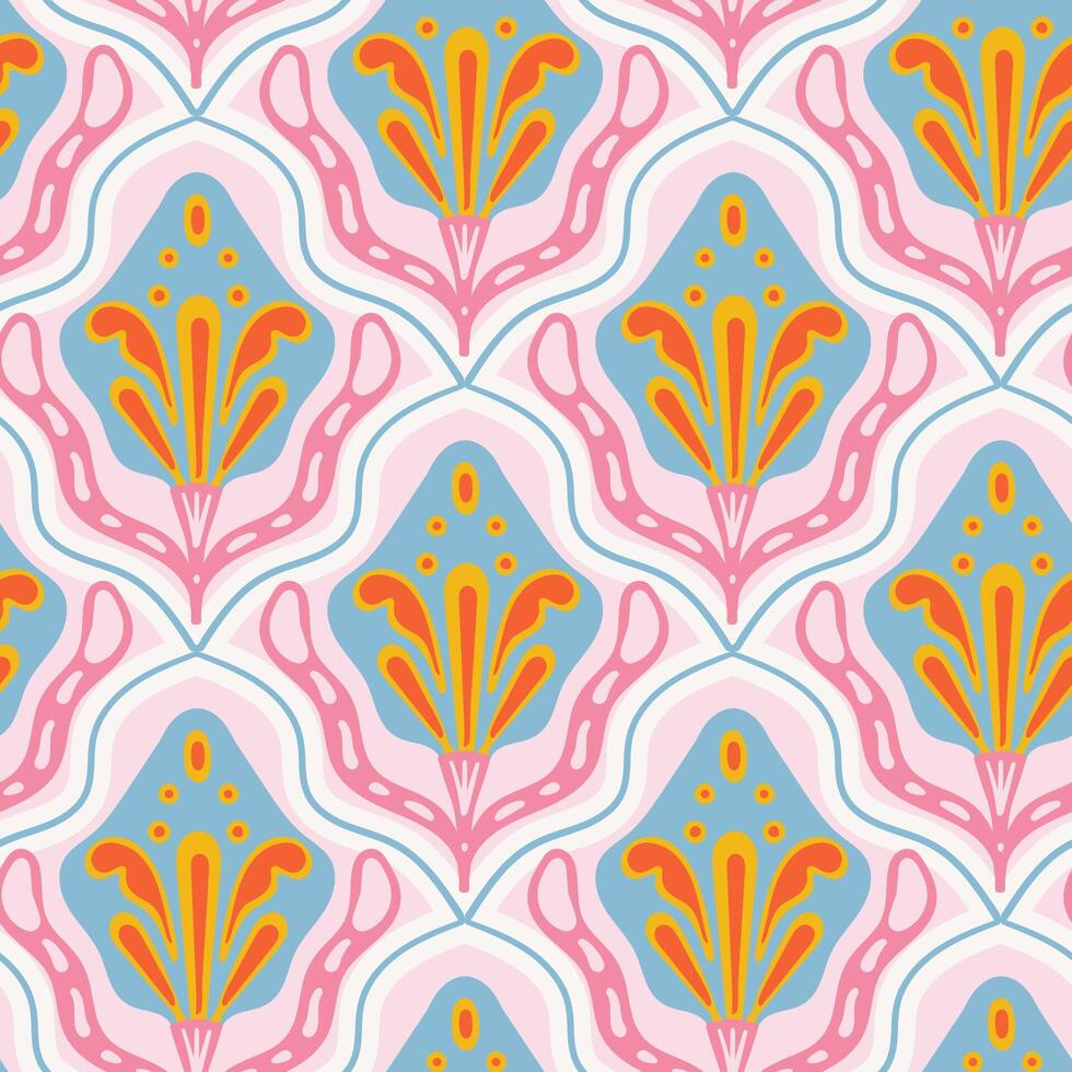 Retro Seventies, abstract floral, organic seamless pattern. Flower shape groovy style indie texture vector