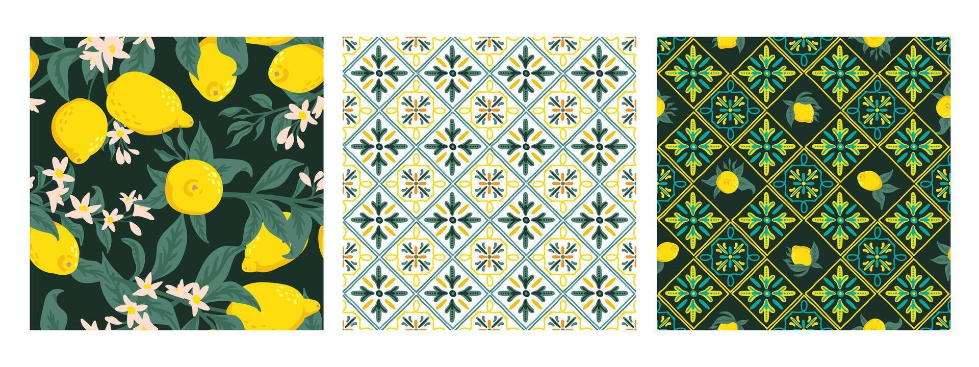 Lemon on azulejos ceramic tile seamless pattern collection Mediterranean Portuguese texture vector
