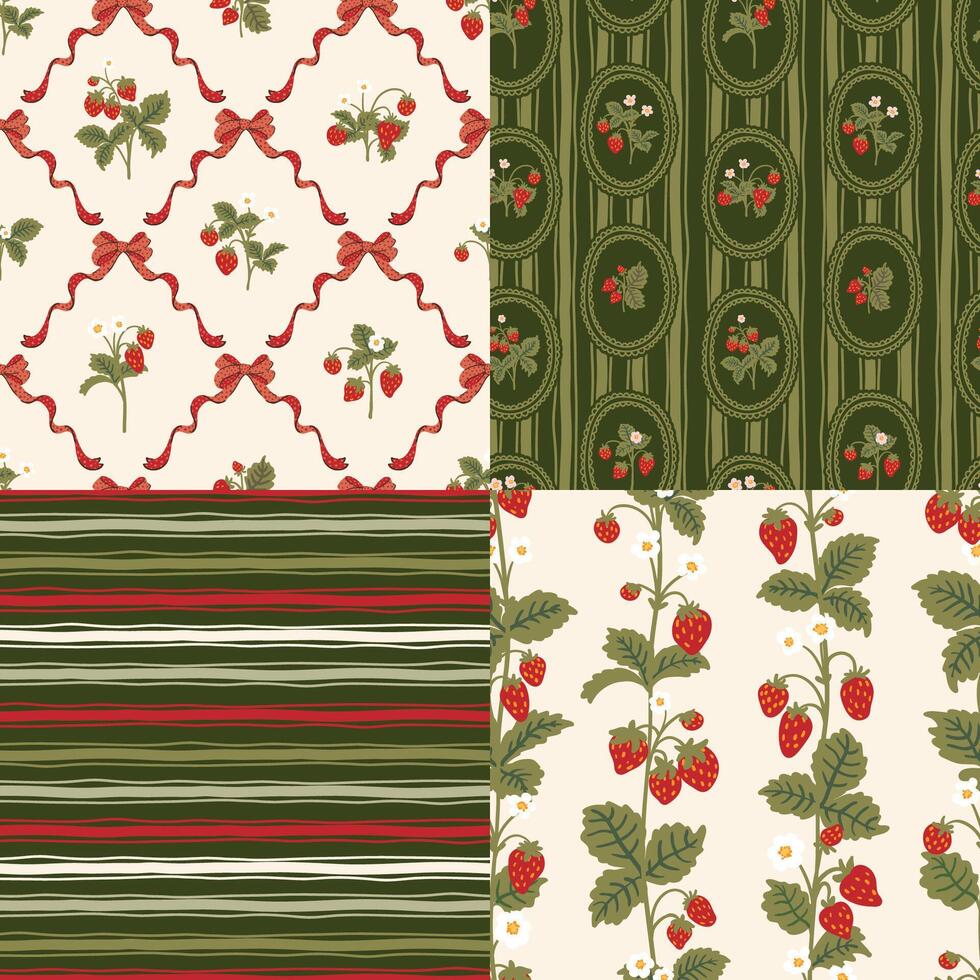 Wild strawberries, summer pattern set. Seamless berry flower stripes textures, fabric, tablecloth vector