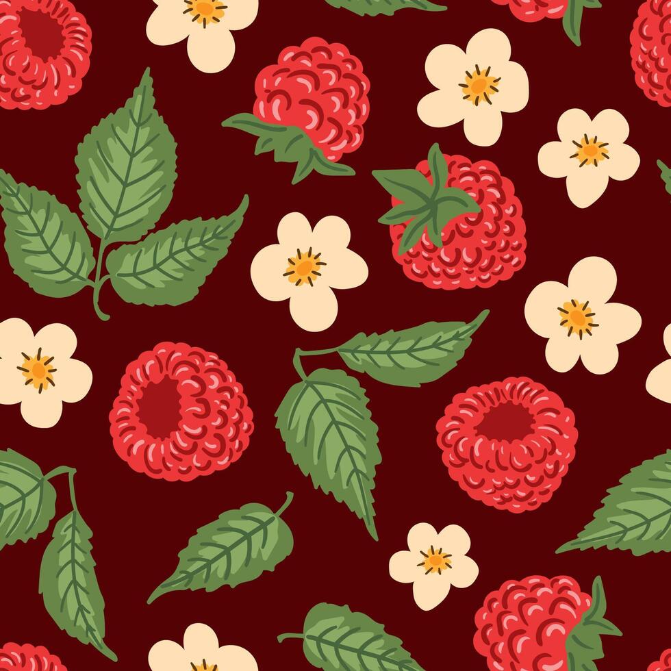 Raspberry berries, flowers, leaves, summer seamless pattern wrapping, fabric. Natural berries texture vector