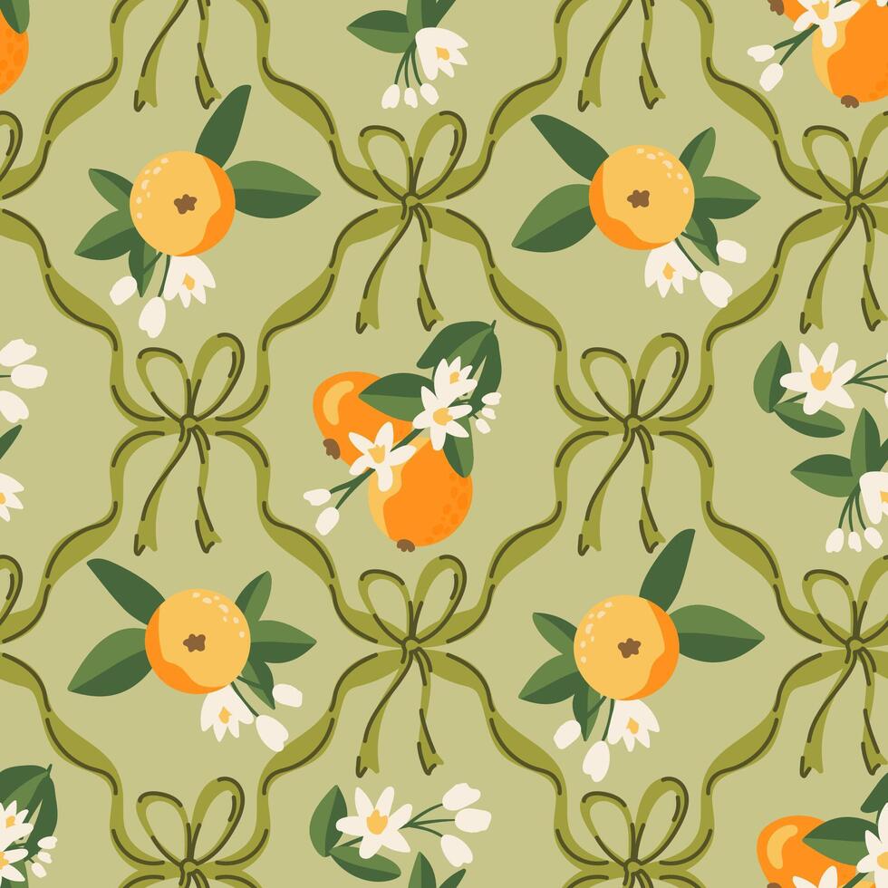 Summer tropical seamless pattern, oranges, preppy coquette bow. citrus exotic fruits background vector