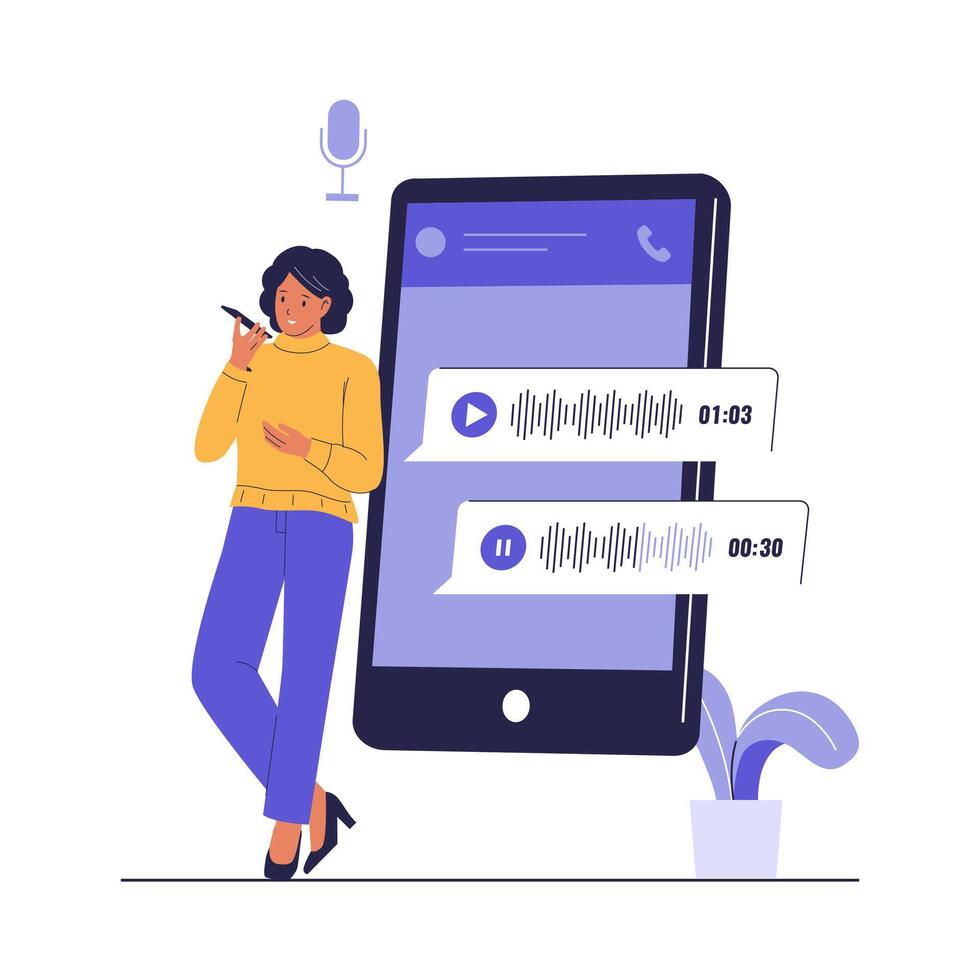 Illustration of Woman Using Mobile Voice Chat Application vector