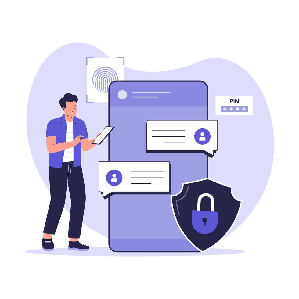 Illustration of Secure Online Messaging with Encryption and User Authentication vector