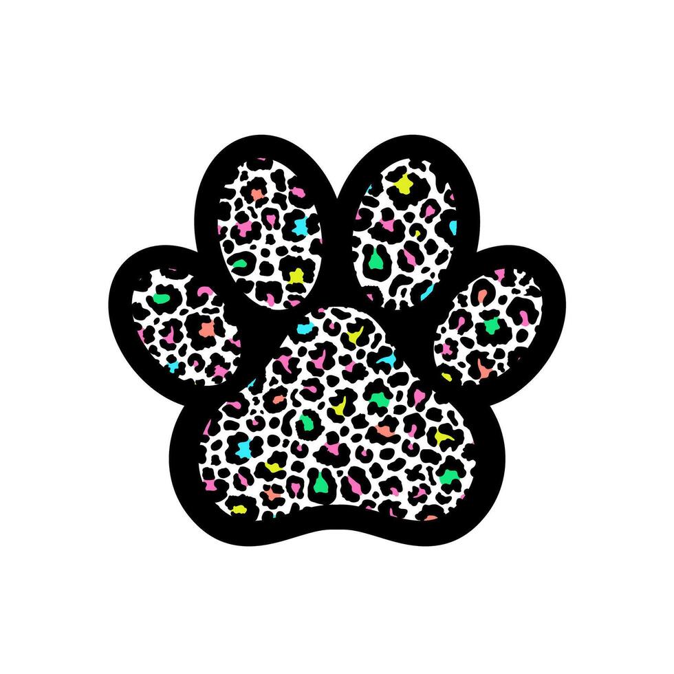 Paw print filled with a colorful leopard pattern. vector