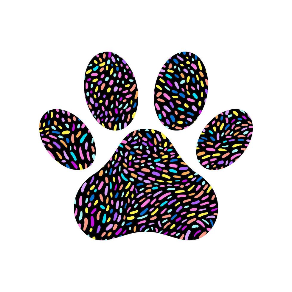 Paw print filled with multicolored sprinkle pattern on a black background. vector
