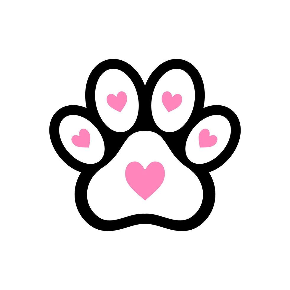 Paw print outlined in bold black, with pink hearts embedded in the pads. vector