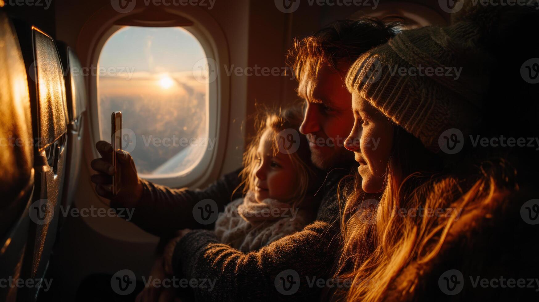 Backlit family taking selfie by airplane window during sunset, capturing warm and joyful moments inside aircraft cabin photo