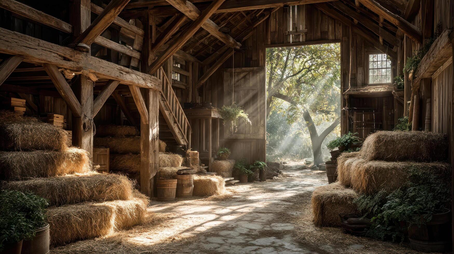 Cozy cottagecore barn interior with hay bales wooden beams and sunlight streaming through open door creating warm peaceful atmosphere photo
