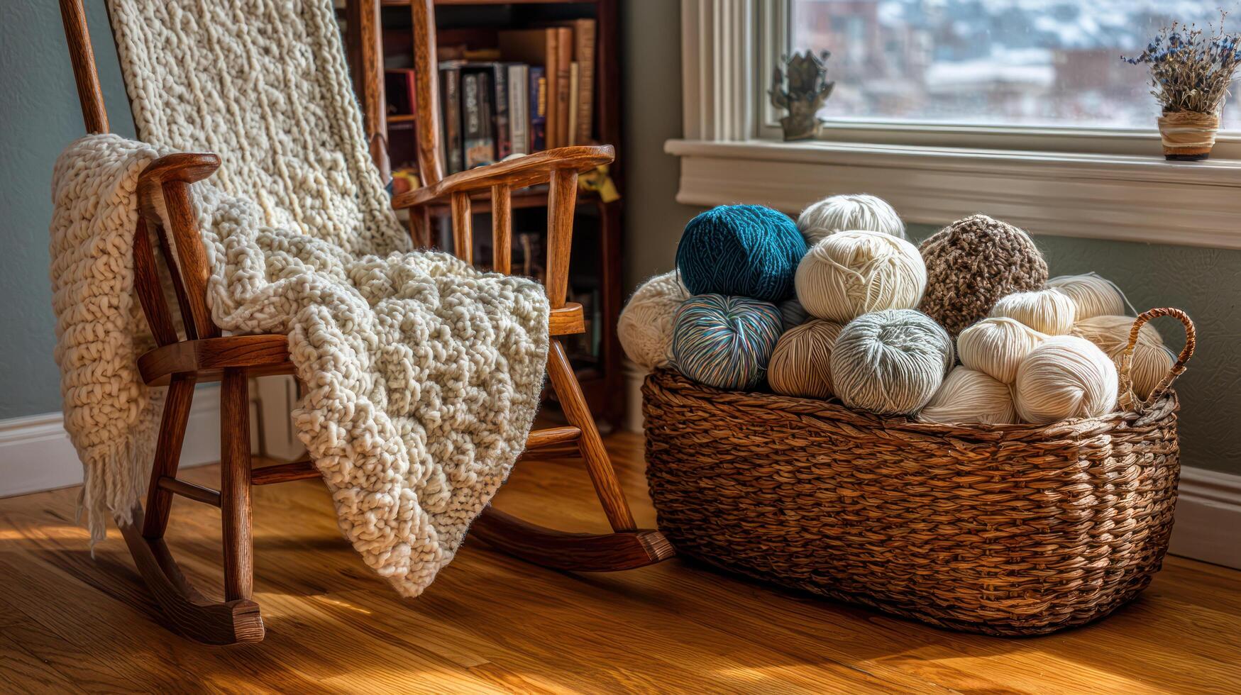 Cozy cottagecore scene with wooden rocking chair draped in chunky knit blanket and basket filled with soft yarn balls by window photo