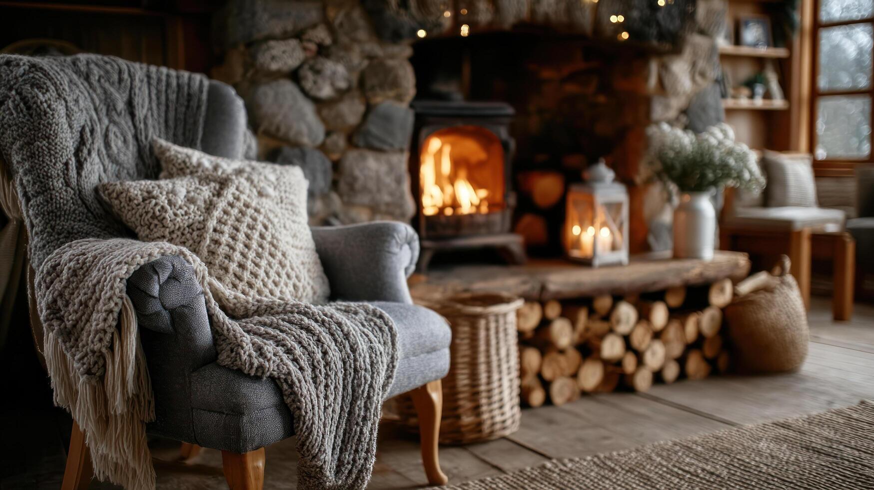 Cozy cottagecore living room with knitted blanket and pillows on armchair near stone fireplace and wooden floor creating warm inviting atmosphere photo