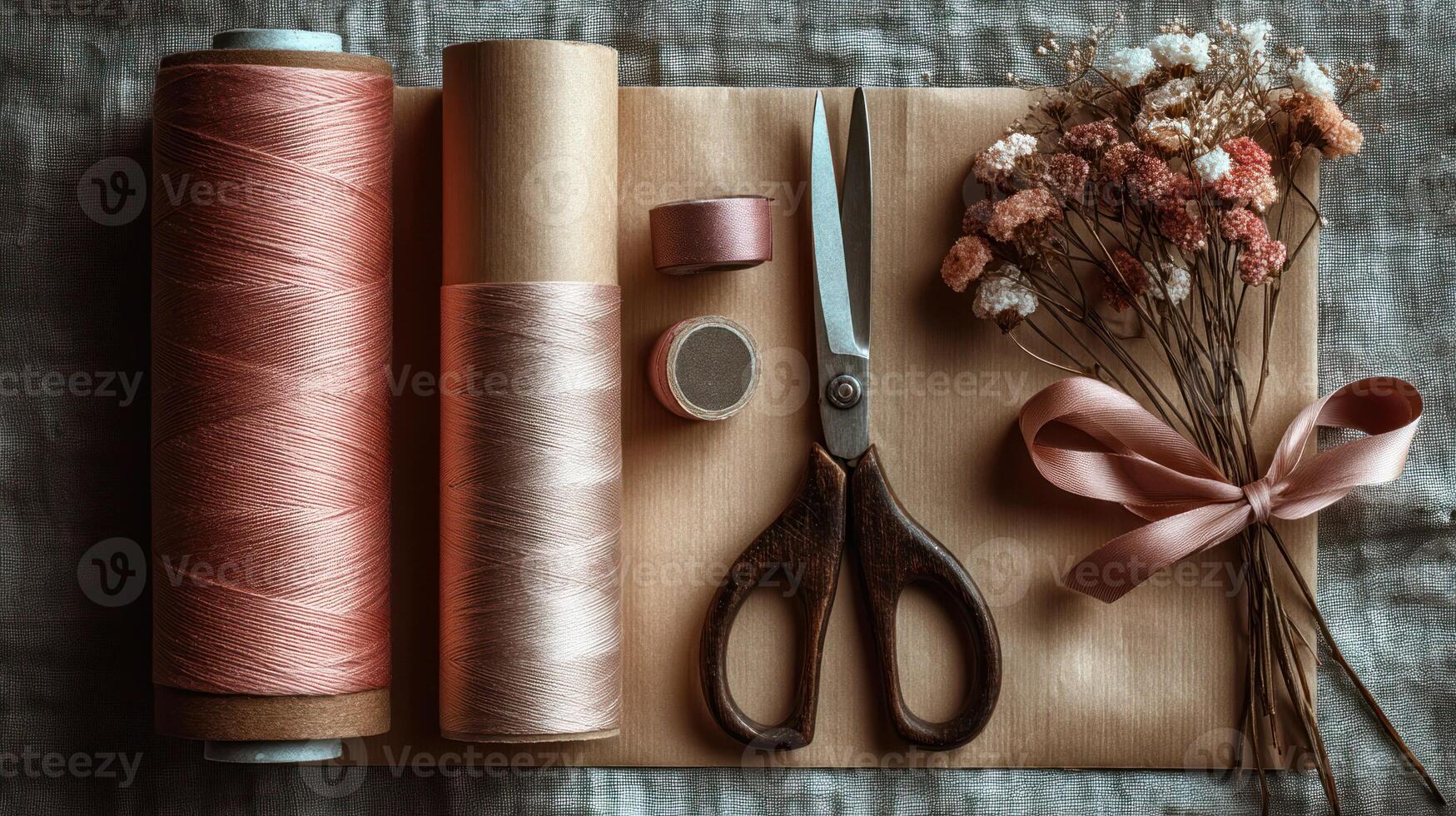 Gift wrapping scene with brown kraft paper, vintage scissors, pink ribbons, and dried flowers creating warm and delicate atmosphere photo