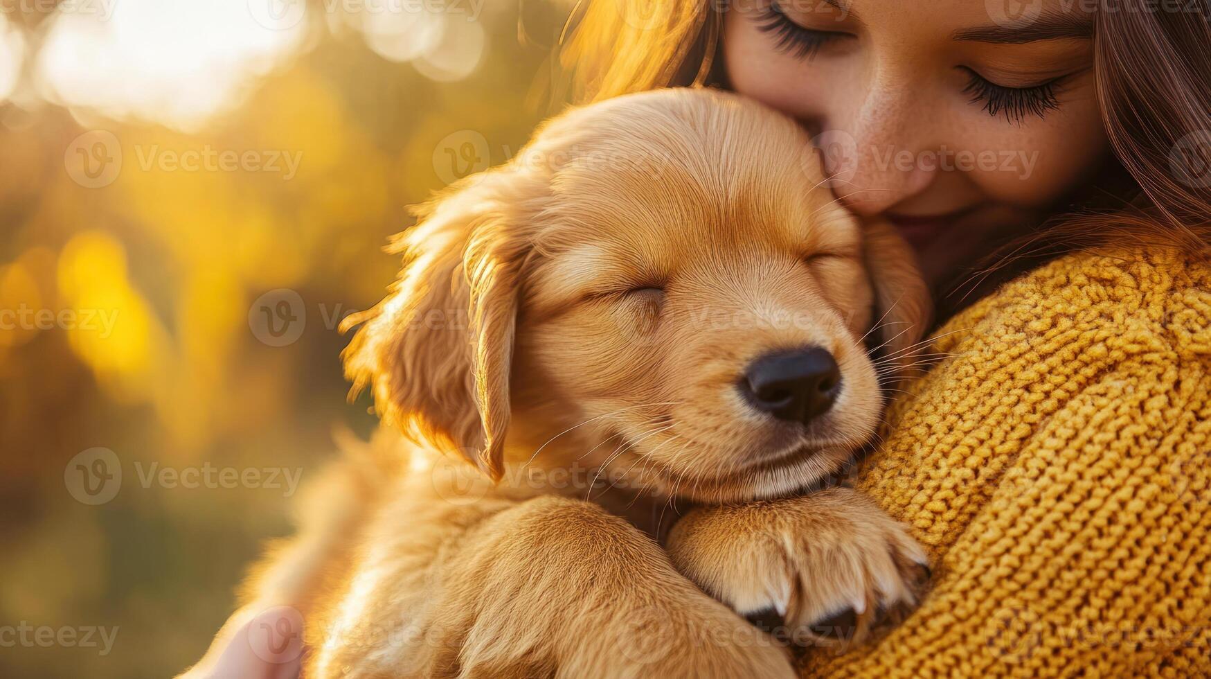 Young woman gently cuddles sleeping golden retriever puppy, expressing warmth and affection in soft natural light photo