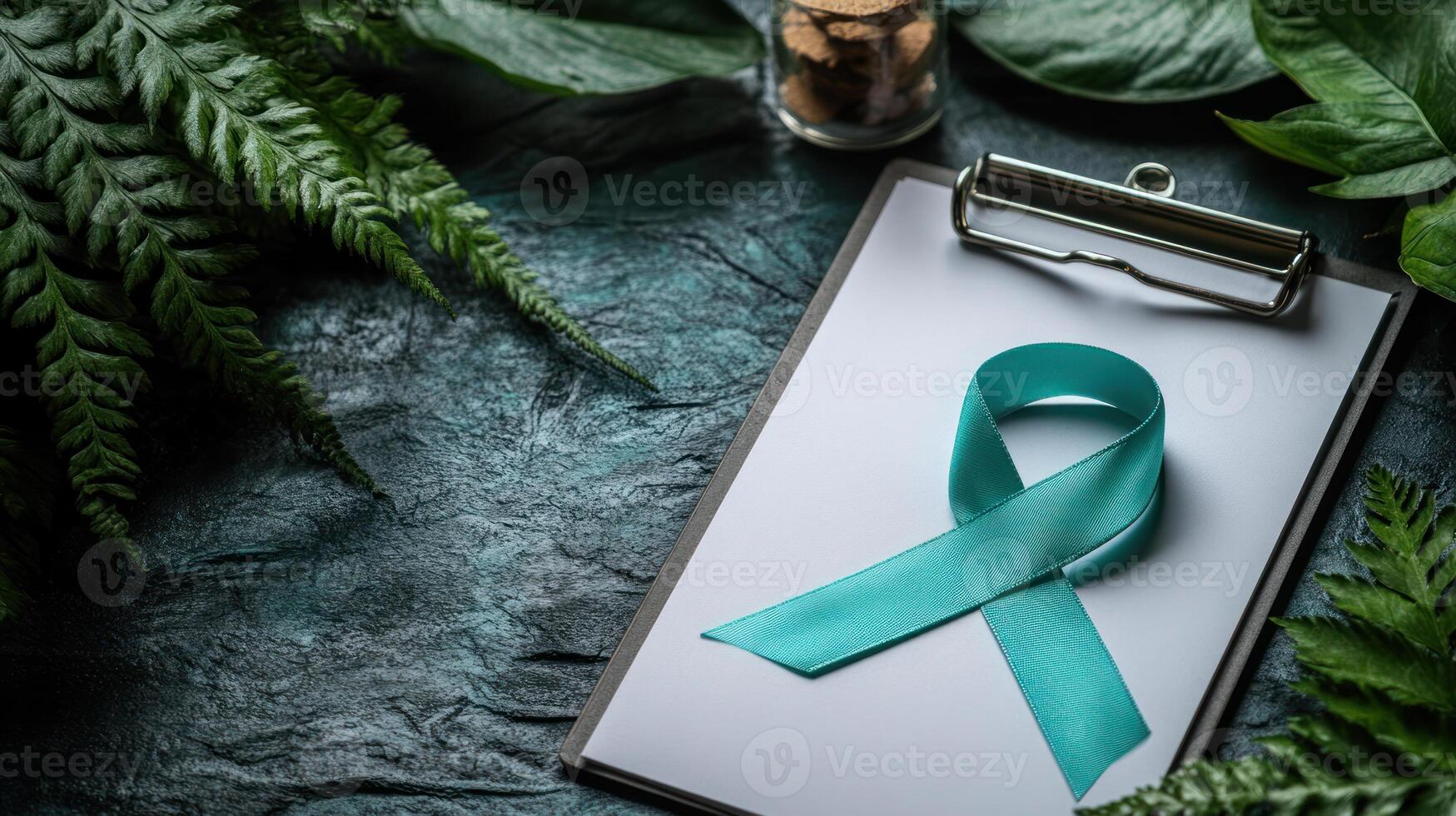 World ovarian cancer day awareness concept with teal ribbon on clipboard surrounded by green leaves and fern on dark textured surface photo
