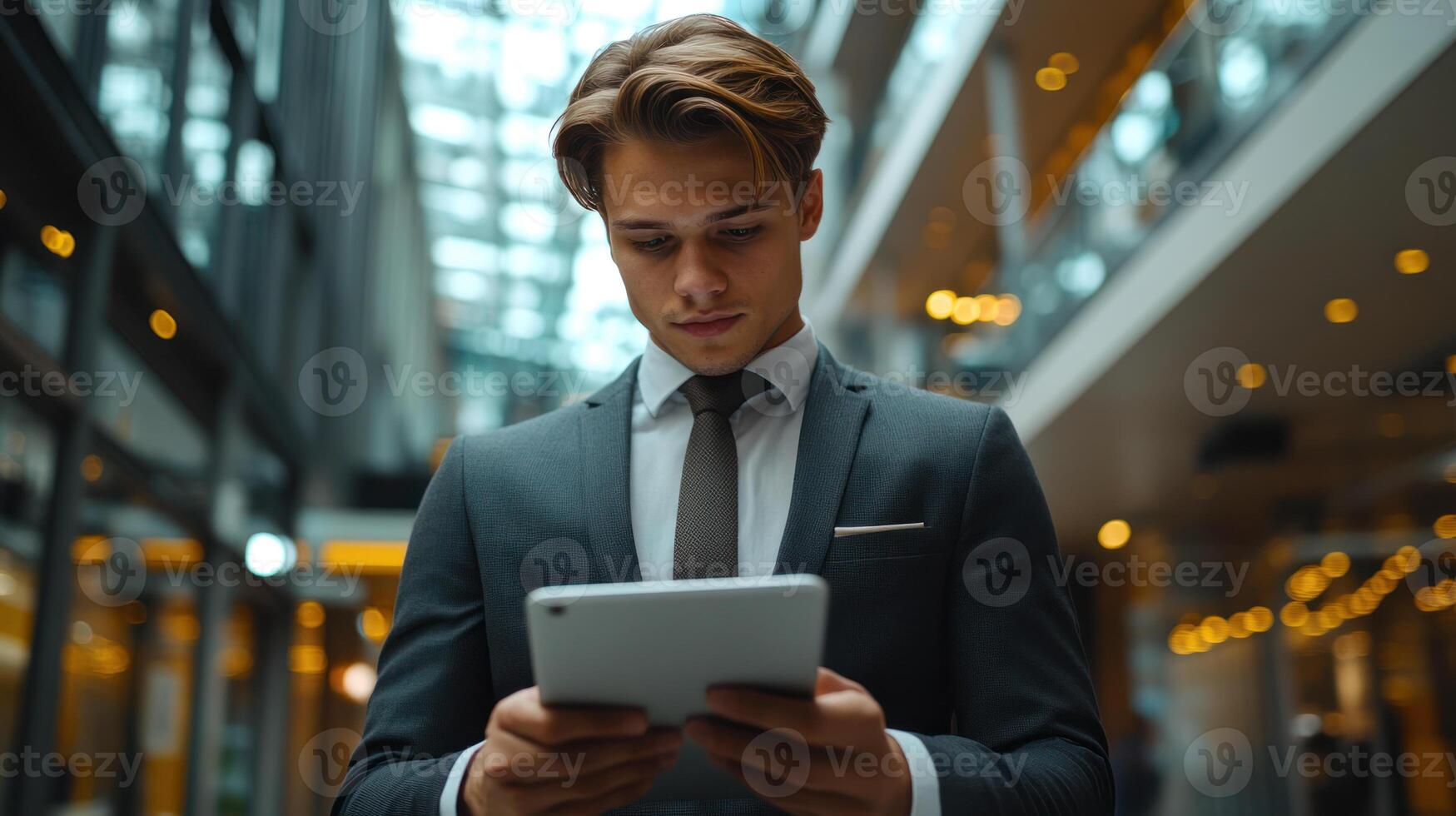 Young businessman in formal attire focused on analyzing data on digital tablet in modern office with natural daylight and neutral tones photo