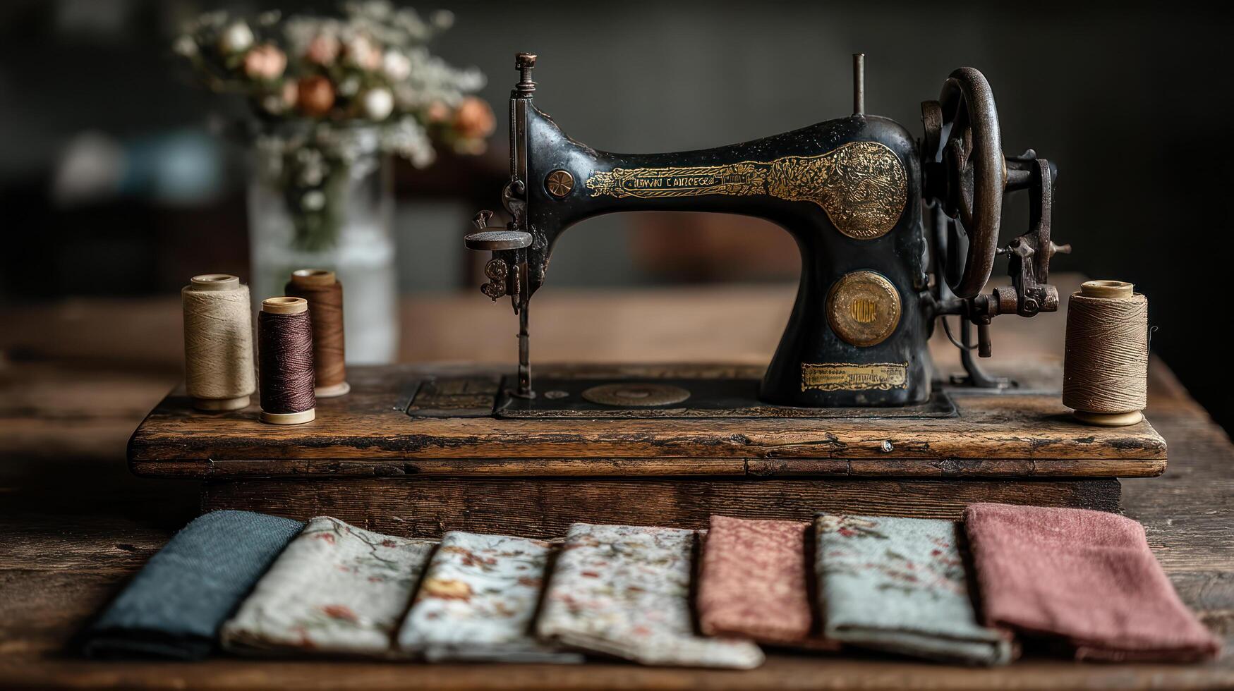 Vintage sewing machine with thread spools and floral fabric pieces arranged on wooden table creating cozy cottagecore atmosphere photo