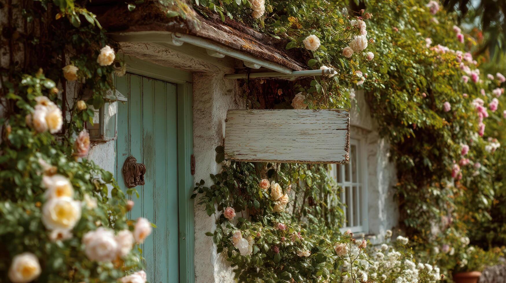 Charming cottagecore scene with rustic wooden door surrounded by blooming roses and lush greenery creating peaceful and cozy atmosphere photo