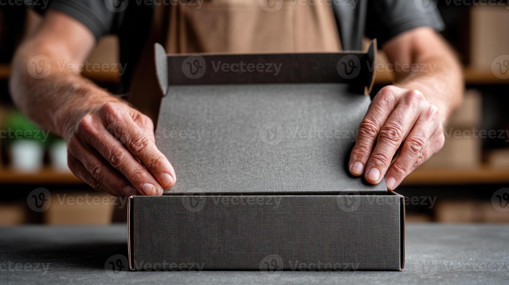 Close up of hands assembling custom product packaging box with care and precision on worktable in workshop environment photo