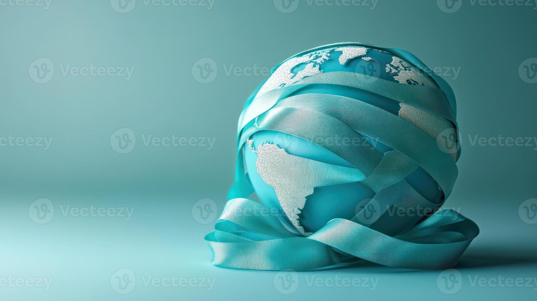 Blue globe wrapped with teal ribbons symbolizes ovarian cancer awareness day spreading hope across world with calm and hopeful tone photo