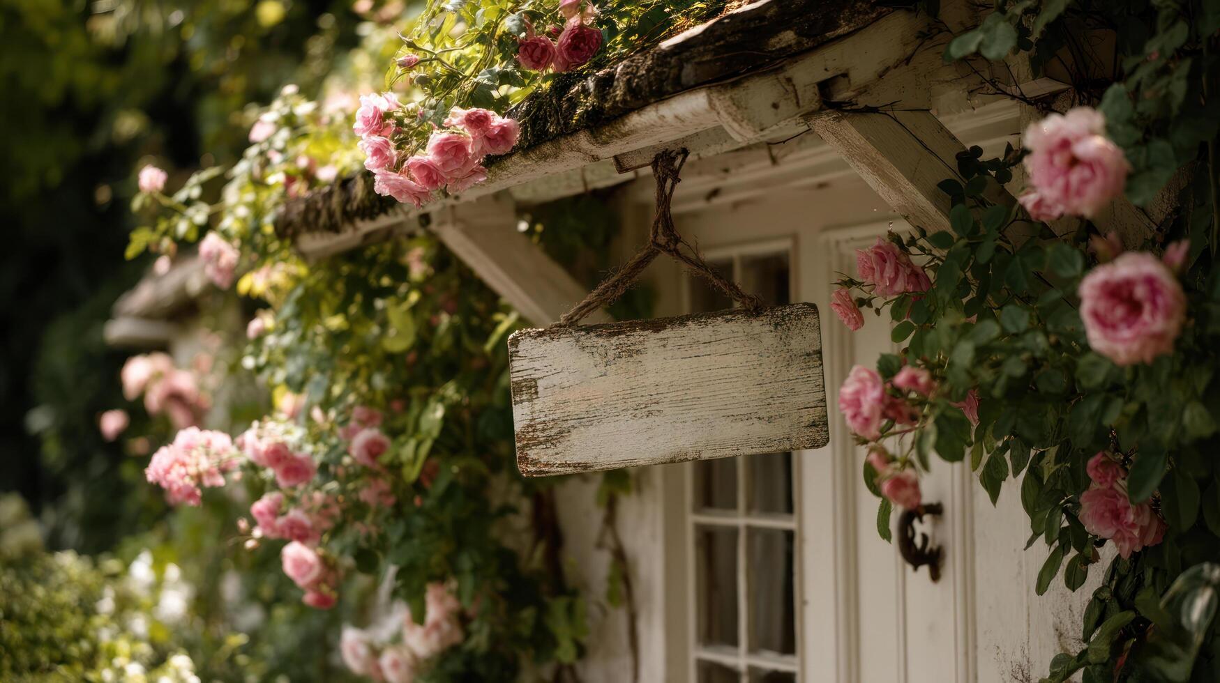 Charming cottagecore scene with pink rose flowers climbing around rustic wooden sign on cozy white house under soft natural light photo