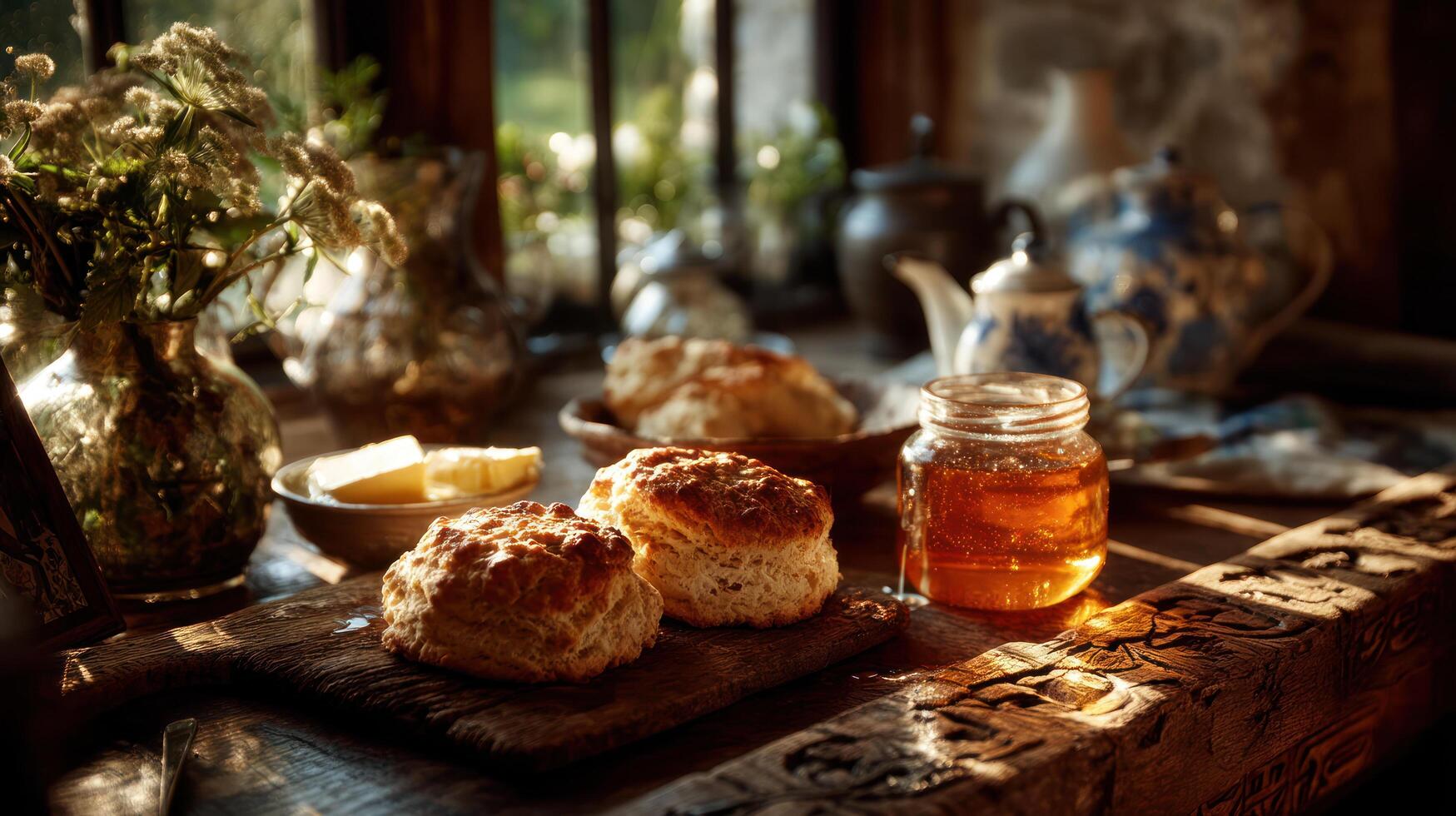 Fresh scone with honey and butter on wooden table in cozy cottagecore kitchen with warm sunlight and vintage teapot creating peaceful mood photo