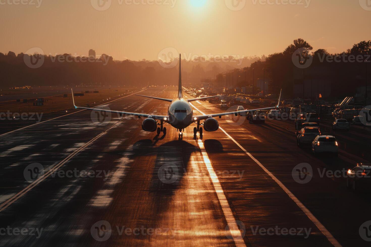 Airplane on airport runway glowing in golden hour light with cars on adjacent road and trees in background photo